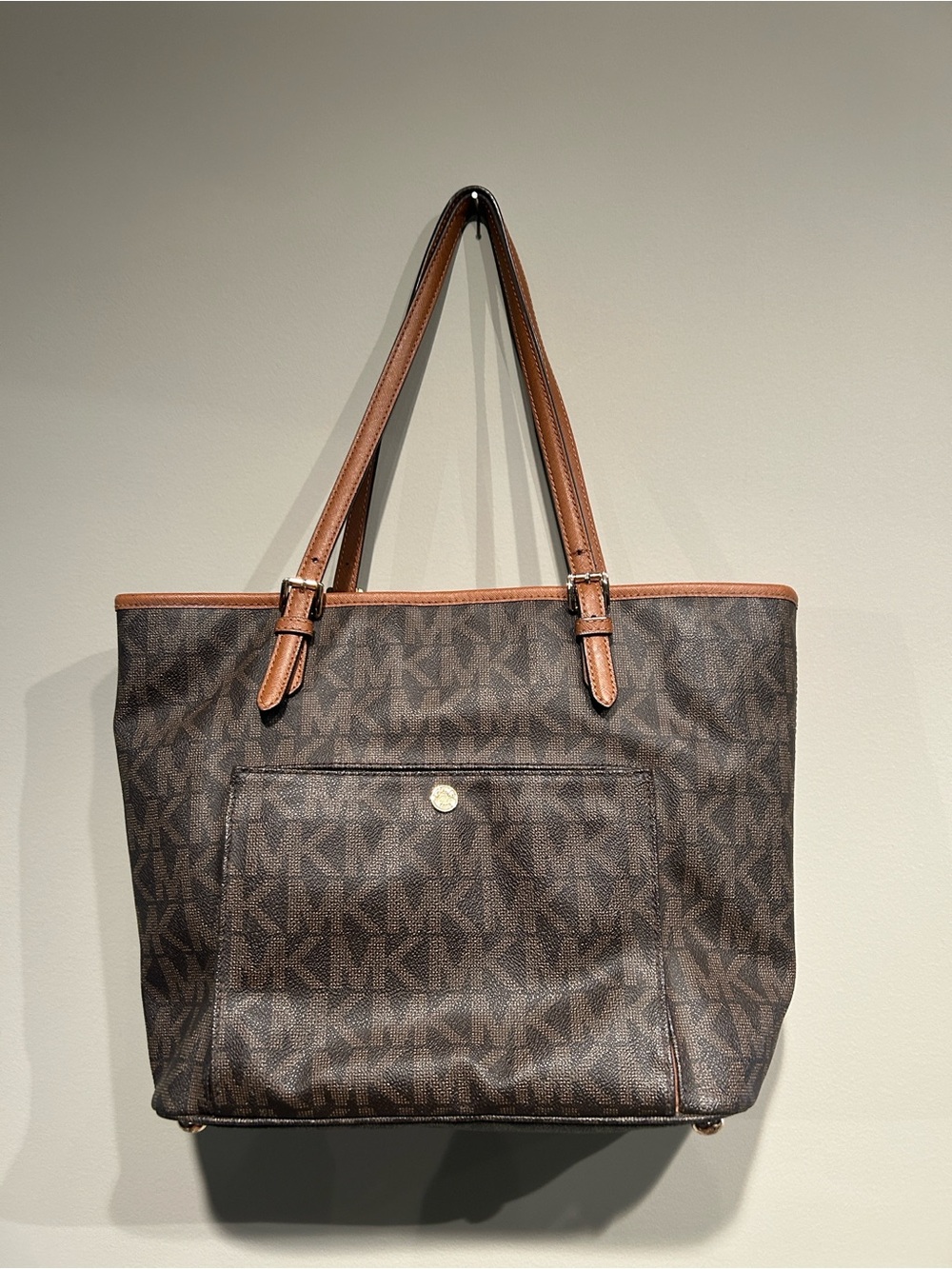 Michael Kors Dark Brown Logo Tote with Tan Trim